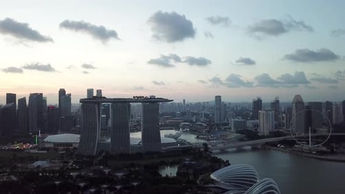 Singapore Skyline Sunset Marina Bay Sands, Rising Aerial 4K