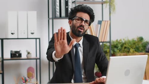 Businessman Working on Laptop Showing Stop Gestuge Danger Rejection Warning Crisis Prohibition