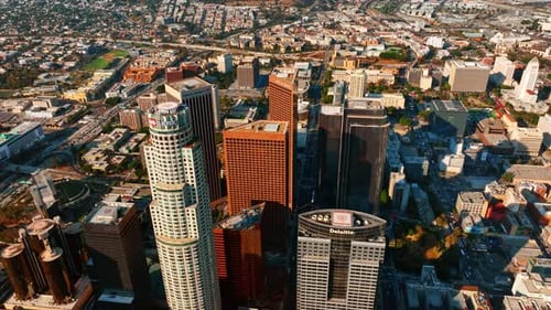 Group of skyscrapers in the bright light of sun of modern Los Angeles, California, USA.