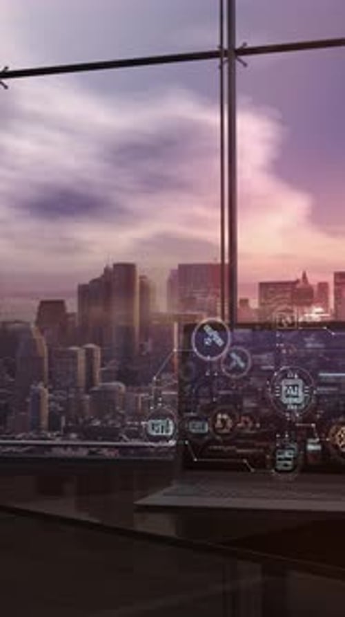 Futuristic Holographic AI Network Display Over City Skyline