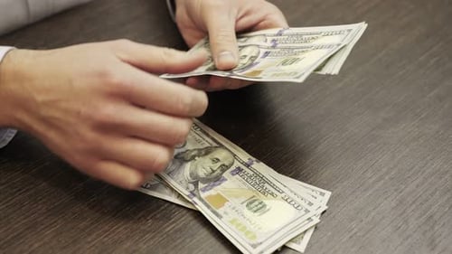 Male Hands Counting Money American Dollars Top View Close Up Slow Motion