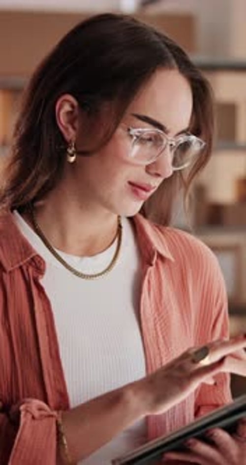 Tablet, happy and businesswoman in office with typing email for feedback on creative project