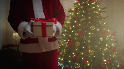 Santa Holding Gift Near Christmas Tree