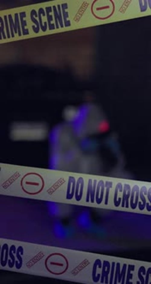 Crime scene, murder and no entry with sign for evidence, investigation or death at night