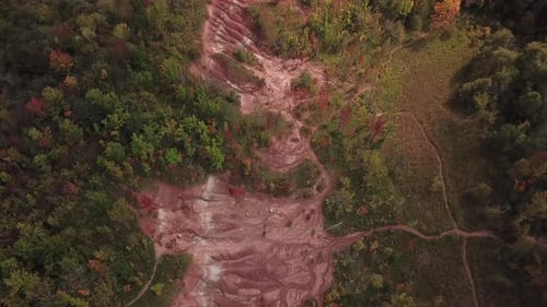 4K aerial shot of the Cheltenham Badlands in Ontario, Canada