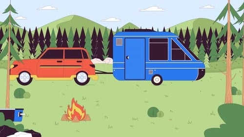 Camping trailer in forest line cartoon animation