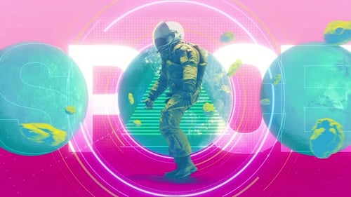 Astronaut Walking Through Vibrant Neon Space with Planets