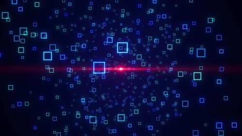 Mehrfarbige geometrische Formanimation, digital, futuristisch, futuristisch, quadratisch, bewegt sich auf schwarzer Rückseite