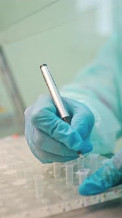 Gloved Hand Writing on Medical Test Tubes