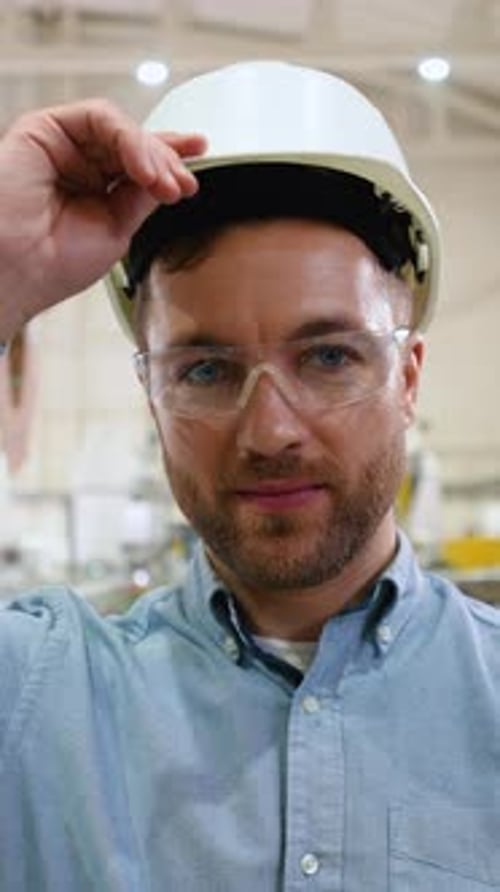 Confident Engineer Removes a Protective Helmet on the Production Line Vertical Video