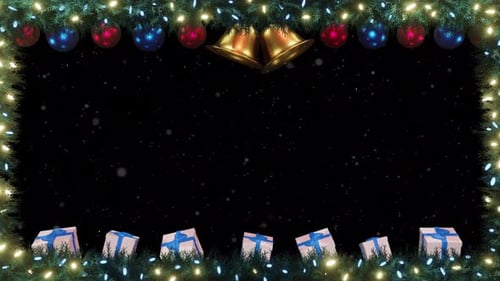 Christmas Holiday Frame with Gifts, Bells, and Falling Snow