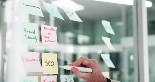 Business man, hands and writing on glass wall for strategy development, mind map or planning