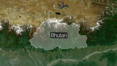 Satellite Map Zoom to Bhutan with Country Outline and Name Reveal