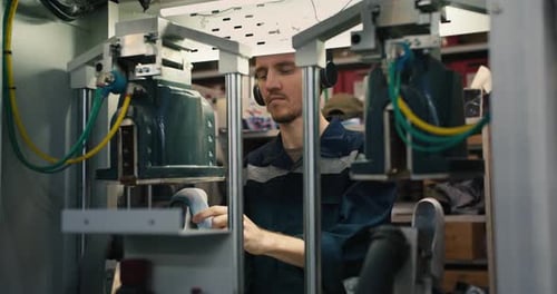 A Man in a Blue Uniform and Black Headphones Listens to Music and Works on a Special Machine in a