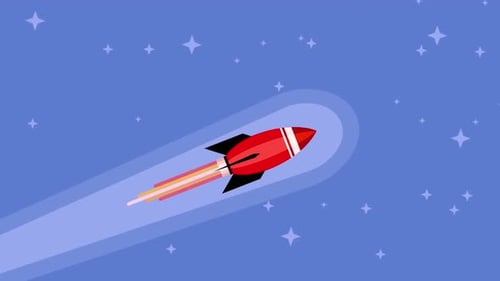 Vibrant red rocket soaring through starry night sky with fiery trail