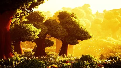 Warm Sunlit Forest Landscape Animation with Gentle Particles