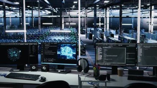 Data Center PC Screens Monitoring Hardware Used in AI LLM Model Development