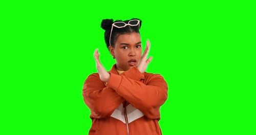 Green screen, head shake and woman face with disagreement, studio refuse or no opinion gesture