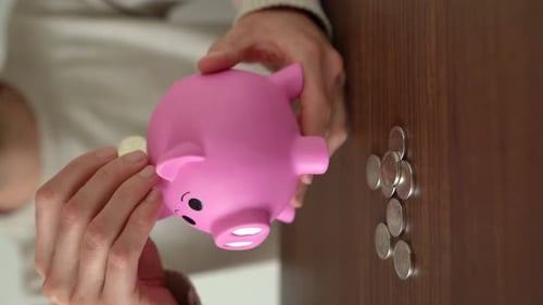 Vertical shot of a person holding a piggy bank and keeping money in it. Concept of saving.