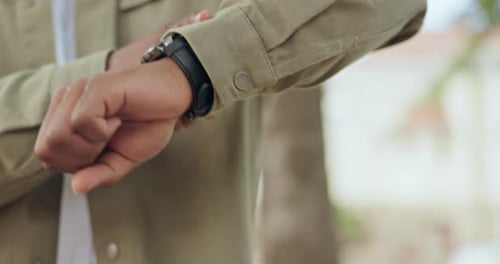 Watch, time and hands of a man in a city with schedule, late and reminder check outdoor