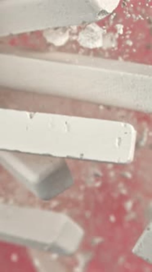School Chalk Flying on a Pink Background Filmed on a Highspeed Camera at 1000 Fps