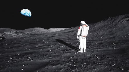 Astronaut Salutes Earth on Lunar Surface with Moon Base