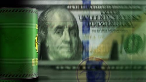Biohazard and biological waste barrels over Dollars money banknotes