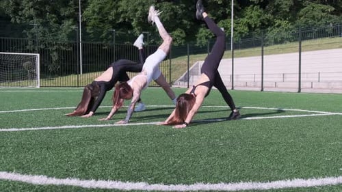 Synchronized Group Yoga Workout on Outdoor Sports Field
