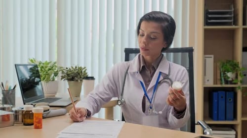 Woman Doctor Writing Prescription in Office