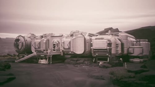 Colonist Base on a Distant Planet with Futuristic Structures and Rocky Terrain