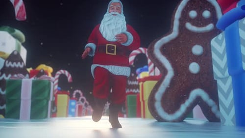 Animated Santa Claus Running Through Festive Christmas Gifts