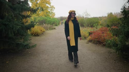 Autumn Gaze Stylish Young Lady with Beret and Sunglasses in Park