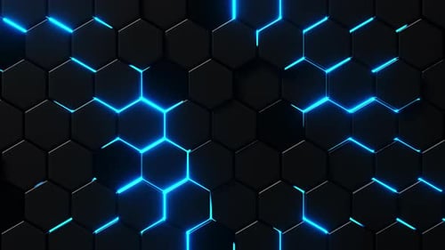 Moving hexagons illuminated in blue light. Infinitely looped animation