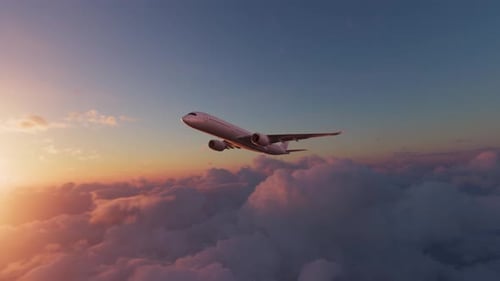 3D Animated Airplane Flying Through Clouds at Sunset