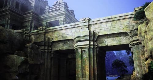 Ancient Stone Archway Leads to Mystical Landscape with Serene Water