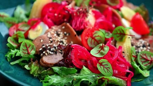 Colorful Salad with Meat and Baby Corn Close Up