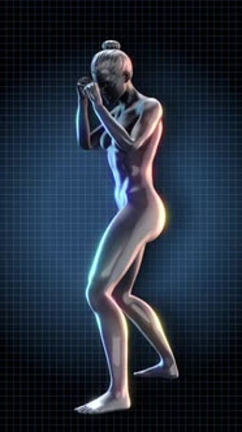 Futuristic 3D Female Boxer Pumping Fists on Digital Grid