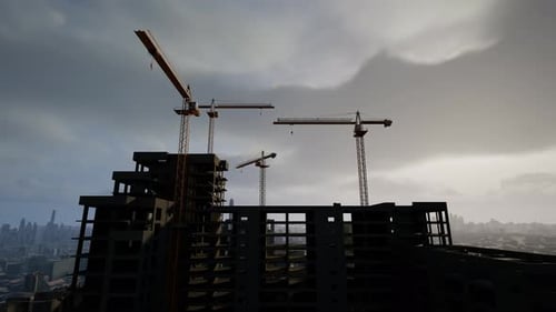 Sitio de construcción dinámico con grúas contra un cielo Dramático, Timelapse