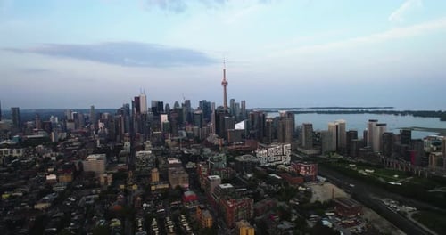 Aerial view backwards over the Niagara district of Toronto, summer evening in Canada