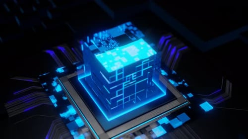 Science-Fiction-Würfeldesign: Visualisierung der CPU-Digitalisierung mit blauer Energieimpulserweiterung auf dunklem Hintergrund