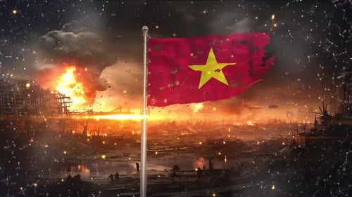 Vietnam flag waving in war torn and damaged