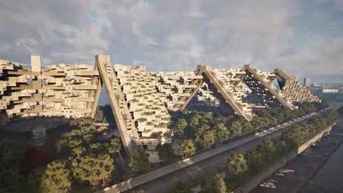 Un edificio en forma de pirámide que se eleva sobre el horizonte de la ciudad