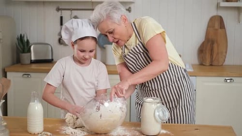 Glückliche Familie in der Küche Großmutter und Enkeltochter kochen zusammen in der Küche Oma