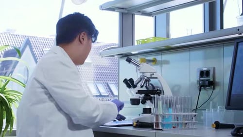 Young Adult Analyzing Samples Under Microscope in Lab