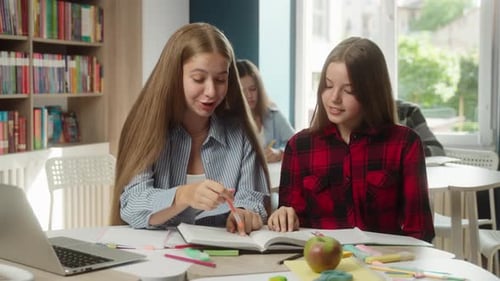 High School Education Two Friends Classmates Schoolgirls Women Girls University College Studying