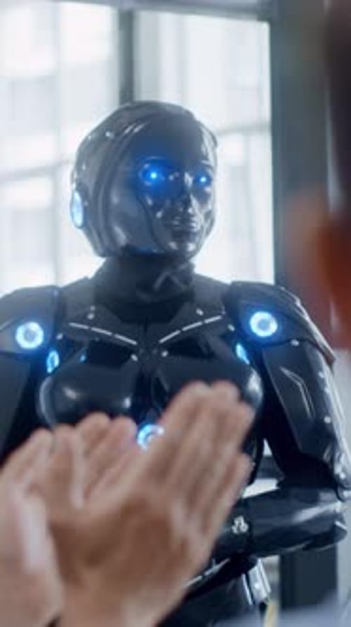 An Advanced and Futuristic Android Featuring Striking Blue Accents in a Contemporary Setting