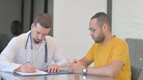 Doctor Discussing Medical Report with Patient in Clinic