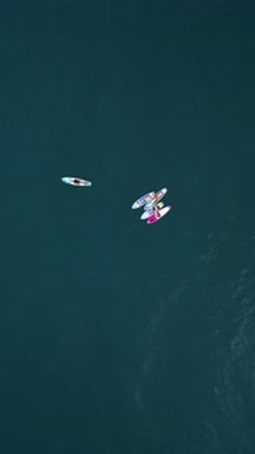 Aerial View People Paddling on a Stand Up Board on Turquoise Water Surfers Training on SUP Board in