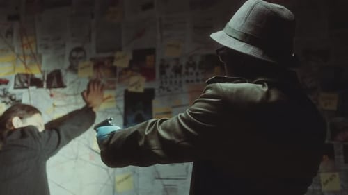 Detective Investigating Crime Scene with Blue Light