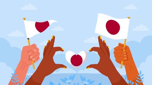 Animated Hands Holding Japanese Flags and Heart